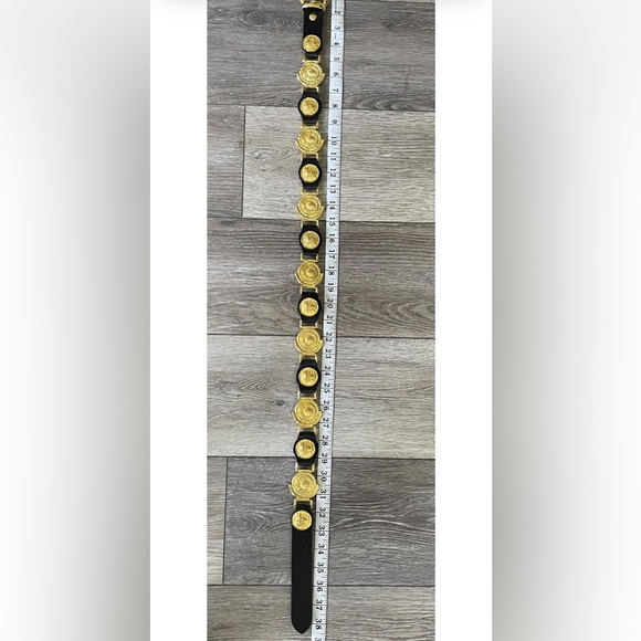 Vtg Milos Italy Black Leather Gold Hermes Head Greek God Medallion Belt LARGE - Picture 11 of 16